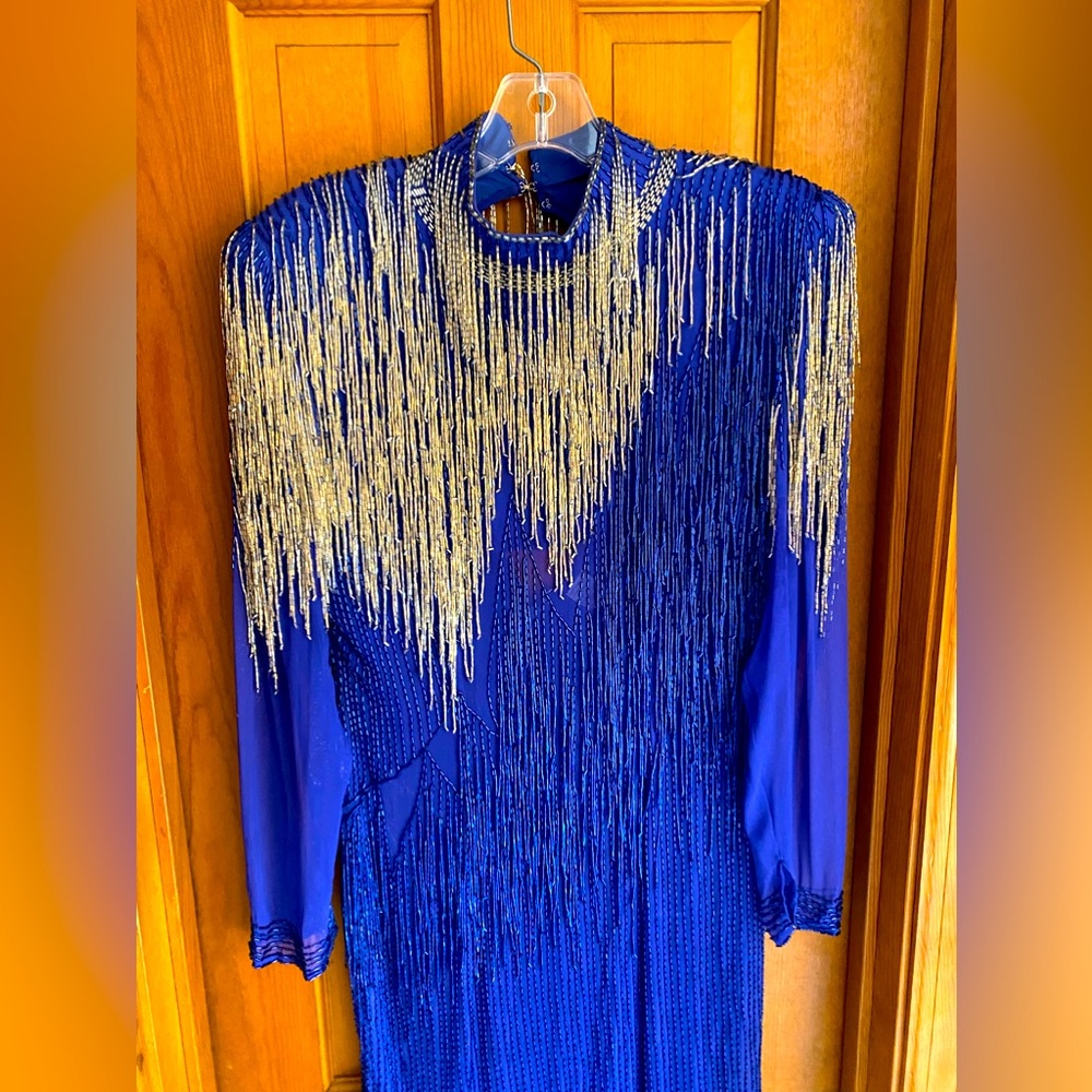 Waterfall beaded dress silver and blue